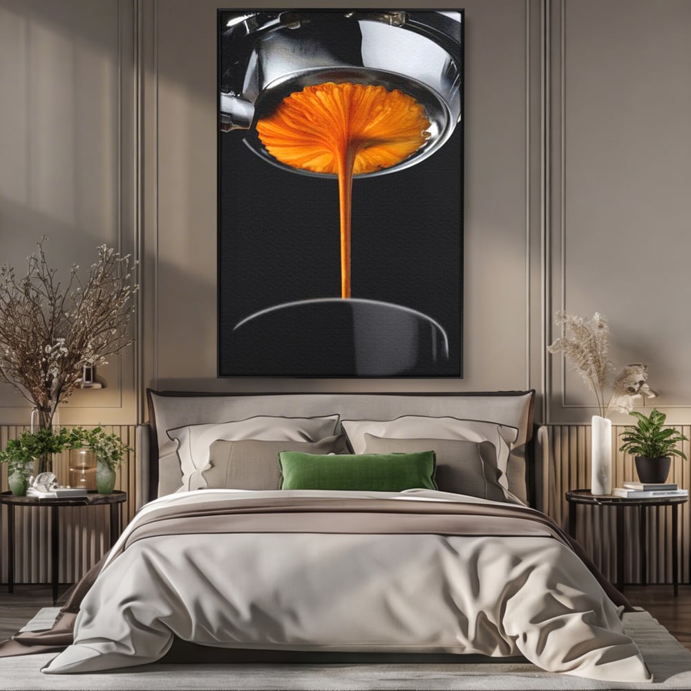 Tablou canvas cu tablou canvas cu jet de espresso, in rama de aluminiu negru, pe perete intr-un dormitor